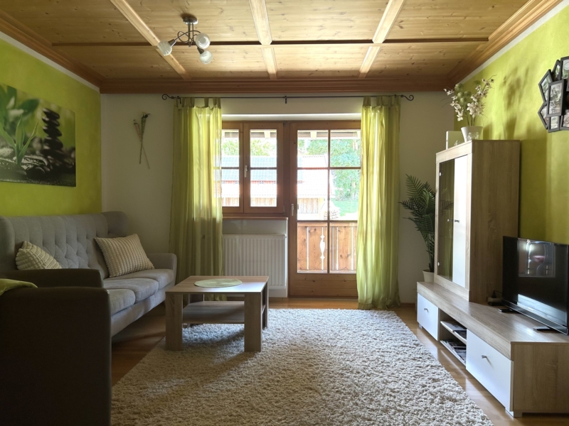 Wohnzimmer (1. OG): Sofa, Couchtisch und Fernseher